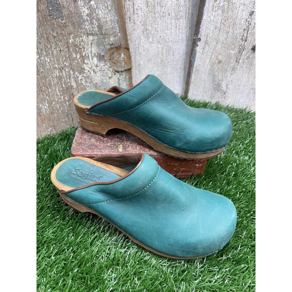 Sanita Sandra Forrest Green Leather Wooden Clogs EU36 - Picture 2 of 7